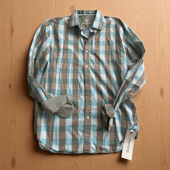 BUGATCHI Men's Shaped Fit Blue Plaid Button Down Shirt Size 16 1/2 - Picture 1 of 9